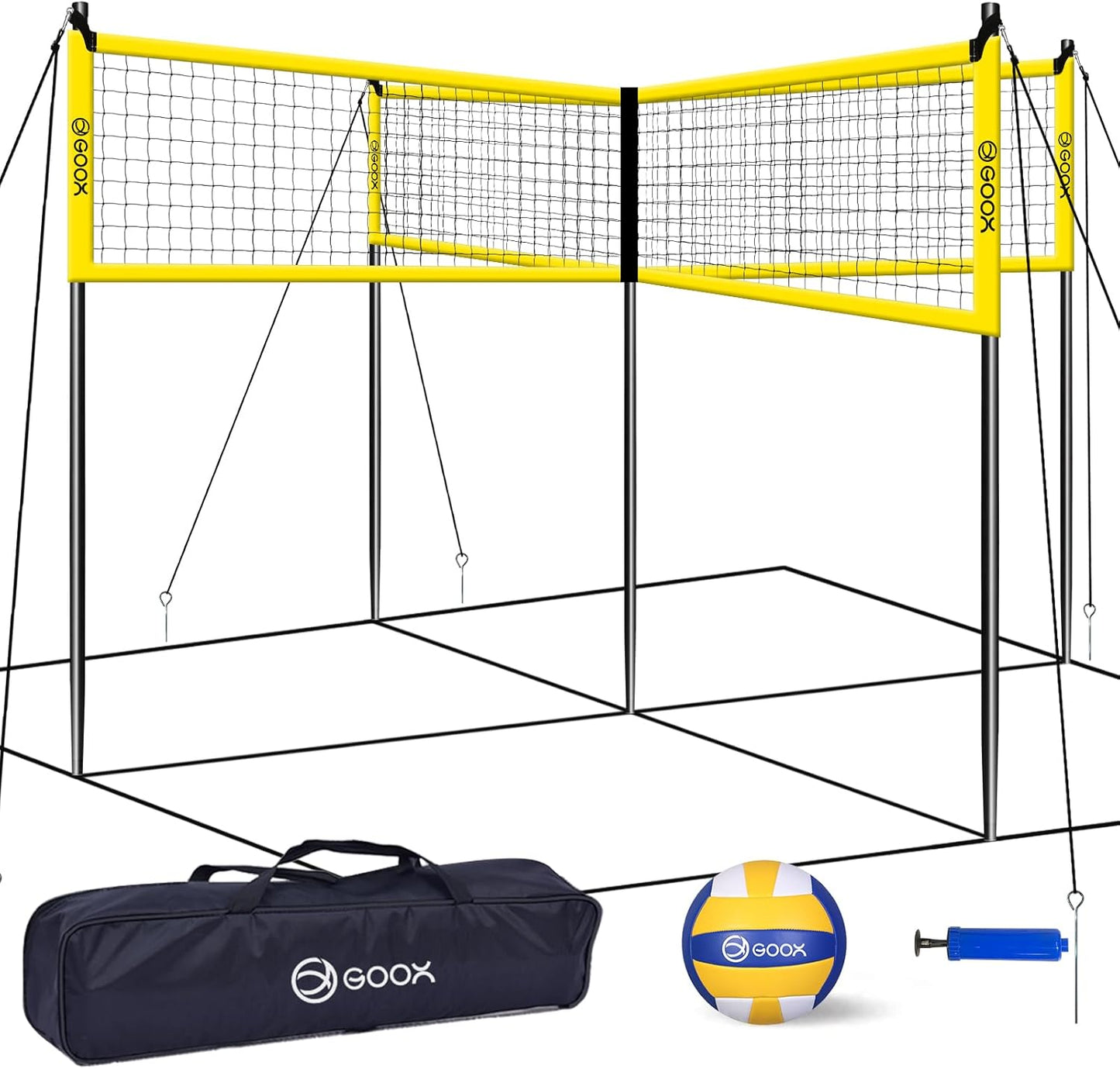 GOOX 4 Square Volleyball Net Game Set, 14 FT 4-Way Volleyball Net for Backyard Beach Lawn, Portable Four Square Volleyball Net for Adults & Youths with Vollyball, Pump, Carry Bag