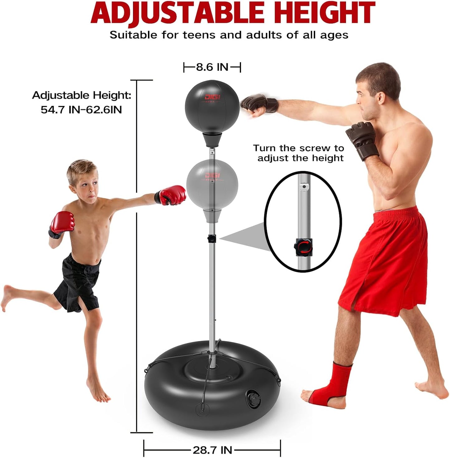Punching Bag with Stand for Adults and Teens, Height Adjustable, Speed Bags for Boxing with Hand Pump and 4 Elastic Cords, Boxing Punching Bag for Training, Stress Relief and Fitness