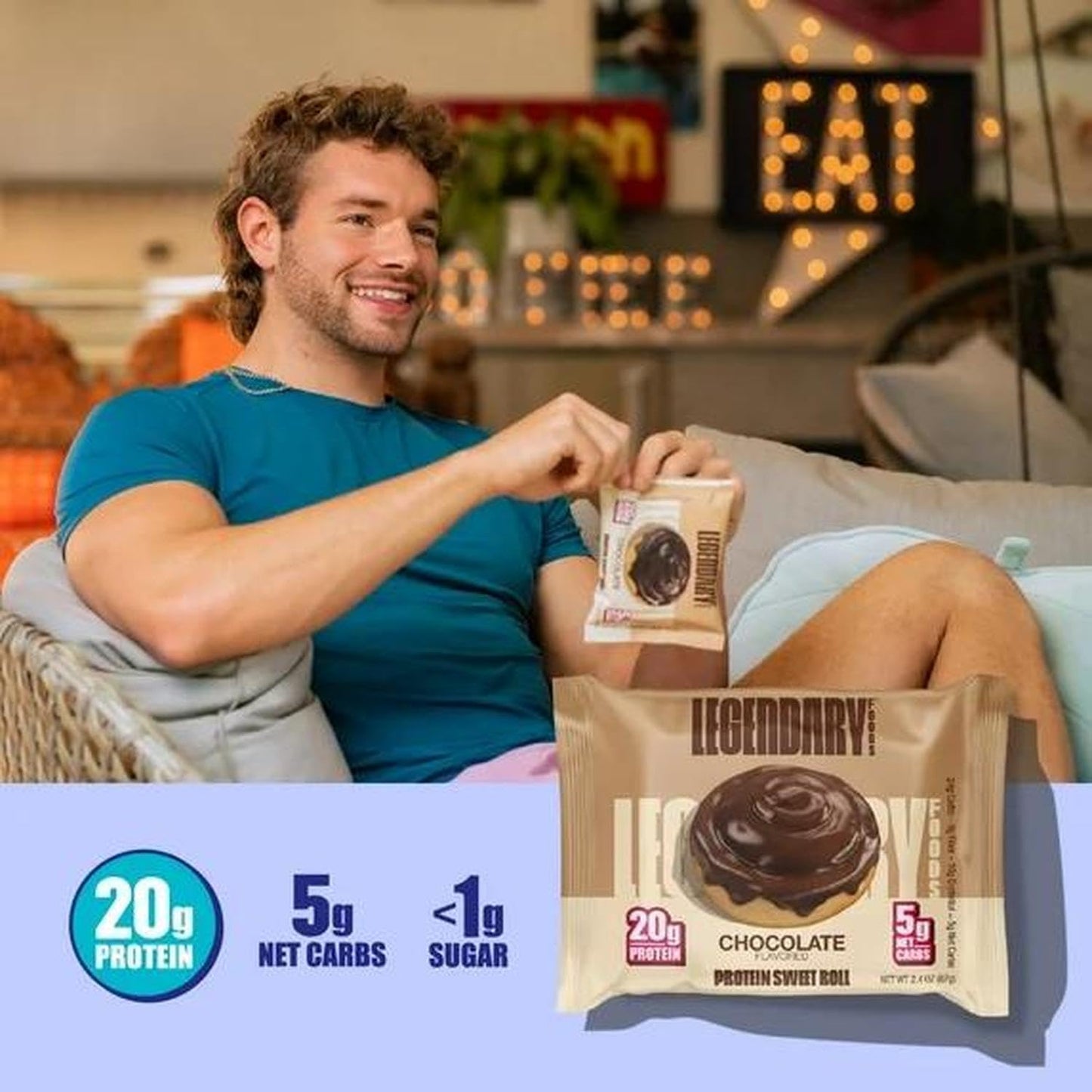 Legendary Foods 20g Protein Chocolate Sweet Roll - Premium High Protien Bars, Low Carb Meal Replacement Snack, Low Glycemic Index, Gluten Free Snacks - Zero Sugar, Keto and Diabetic Friendly 4-Pack