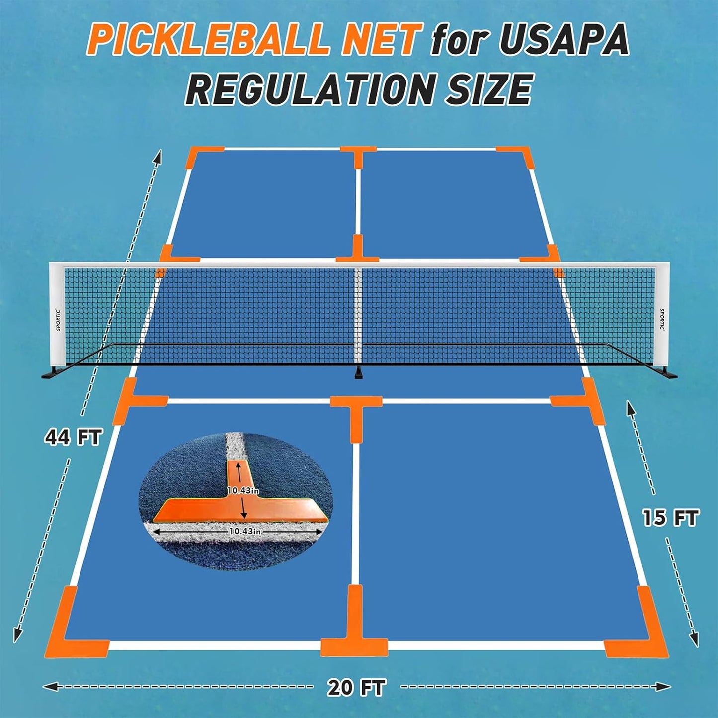 SPORTIC 22FT Pickleball Net Set – Regulation Size Portable Net with Carry Bag, Court Markers, Quick Setup Steel Frame for Driveway, Backyard, Indoor & Outdoor