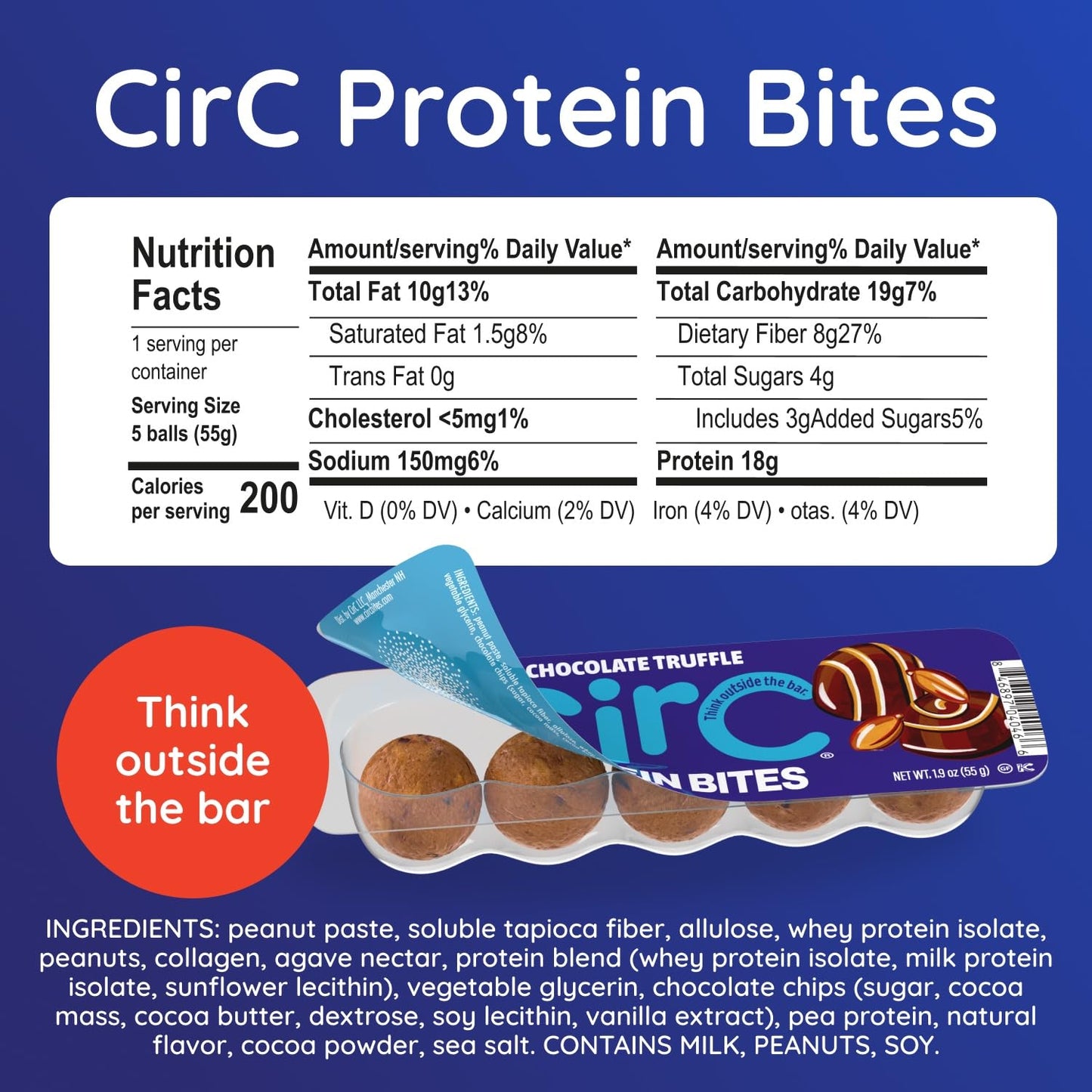CirC Protein Bites - 12 Count Chocolate Truffle High Energy Balls - 18g of protein, 4g Collagen, 5g of net carb, Whey & Peanuts - Portable Healthy Snacks in 5-Piece Resealable Packs