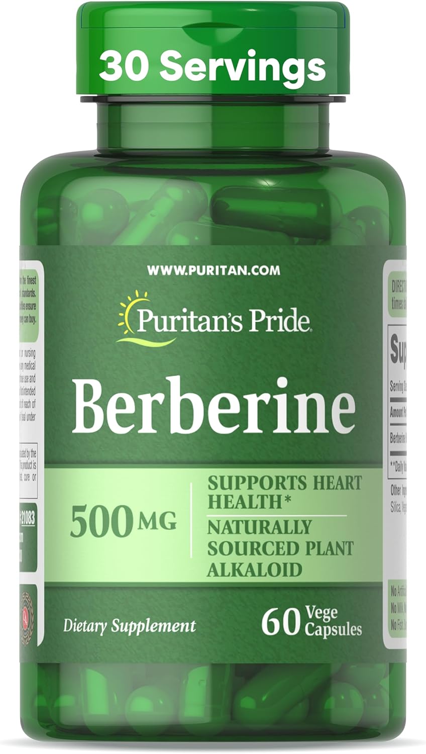 Puritan's Pride Berberine 500 mg, Dietary Supplement Support for Heart Health, Weight Loss, Support Blood Sugar and Cholesterol, 1 Month Supply, 60 Capsules