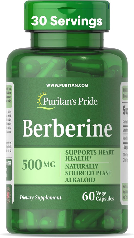 Puritan's Pride Berberine 500 mg, Dietary Supplement Support for Heart Health, Weight Loss, Support Blood Sugar and Cholesterol, 1 Month Supply, 60 Capsules