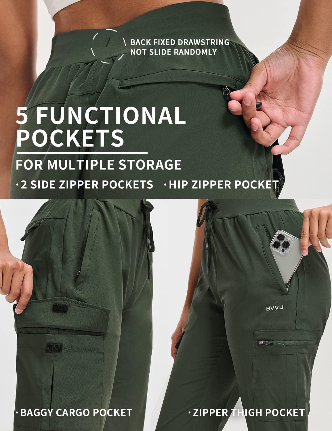 BVVU Women's Hiking Pants Lightweight Quick Dry Travel Outdoor Pants Waterproof Work Cargo Joggers with Zipper Pockets