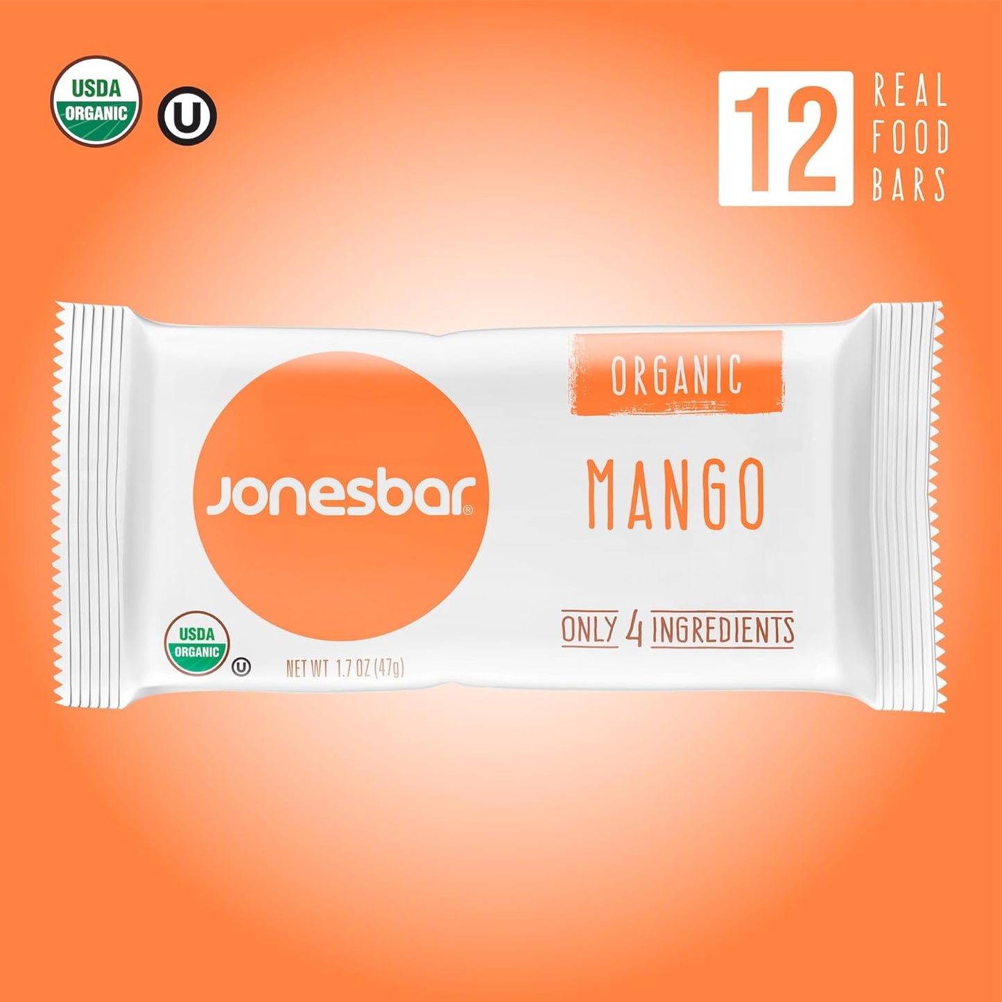 JONESBAR (Mango Almond, 12 Count (Pack of 1)) USDA Organic Fruit & Nut Bar, Non-GMO, Kosher, Vegan, Gluten Free, Simple Snack Bar
