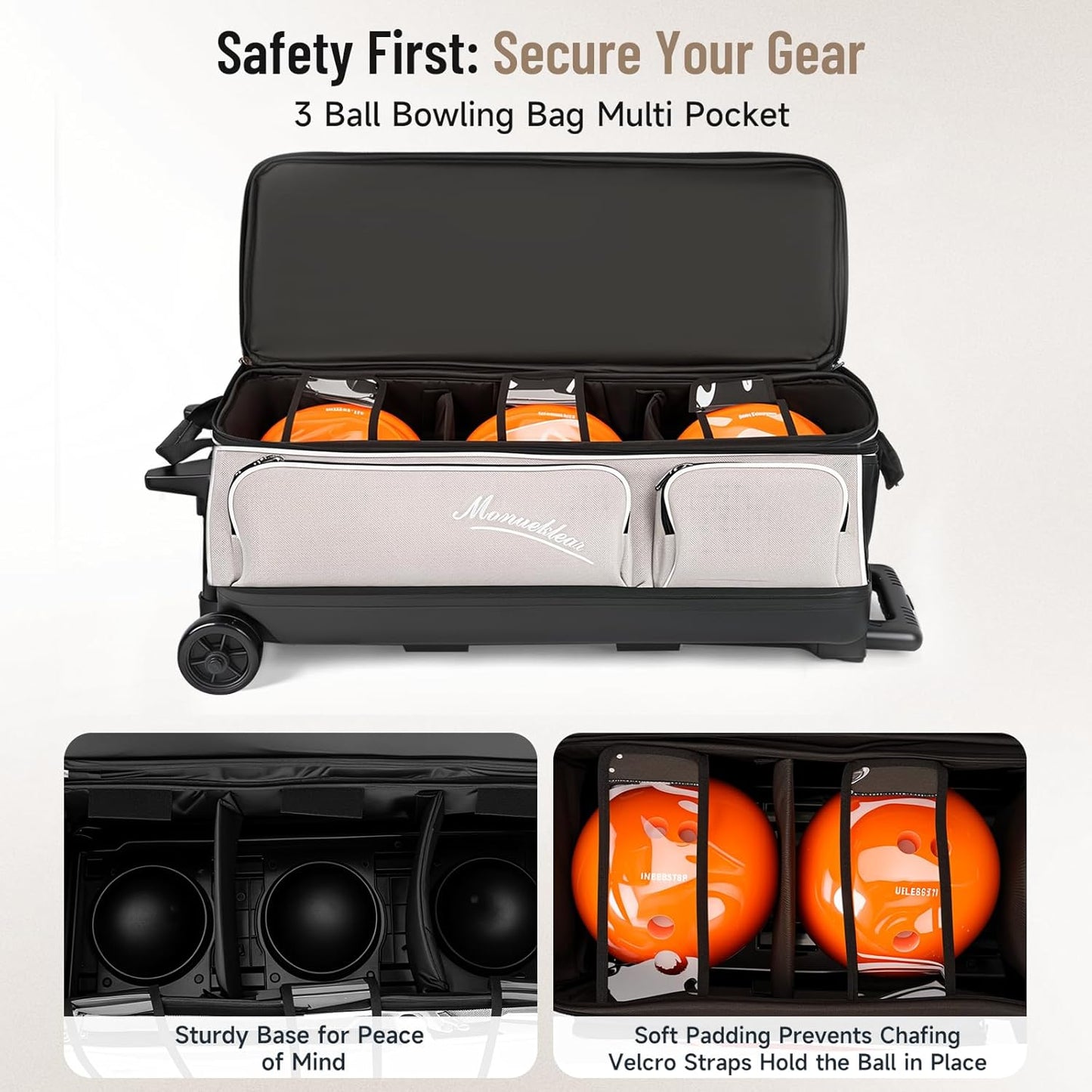 MANUEKLEAR 3 Ball Bowling Bags with Wheels, Bowling Ball Bag 3 Ball Roller with Accessory Pockets and Shoe Compartment