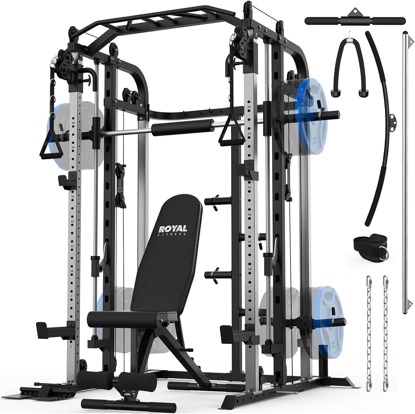 Smith Machine, Multifunctional Power Cage Rack with Smith Bar and Cable Pulley System, and LAT Pull Down Machine for Home Gym…