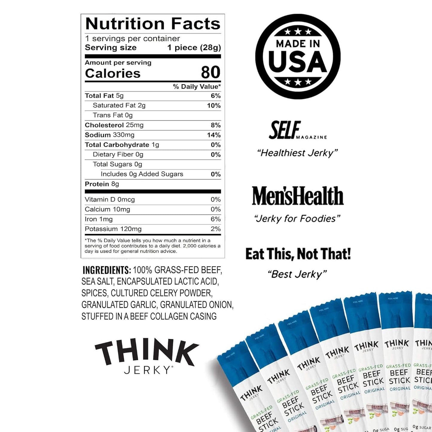 Think Jerky Original Beef Sticks, Gluten and Sugar Free, No Nitrates, Keto Paleo Friendly High Protein Low Carb Meat Snack - 1.0 oz Sticks, 10 Pack