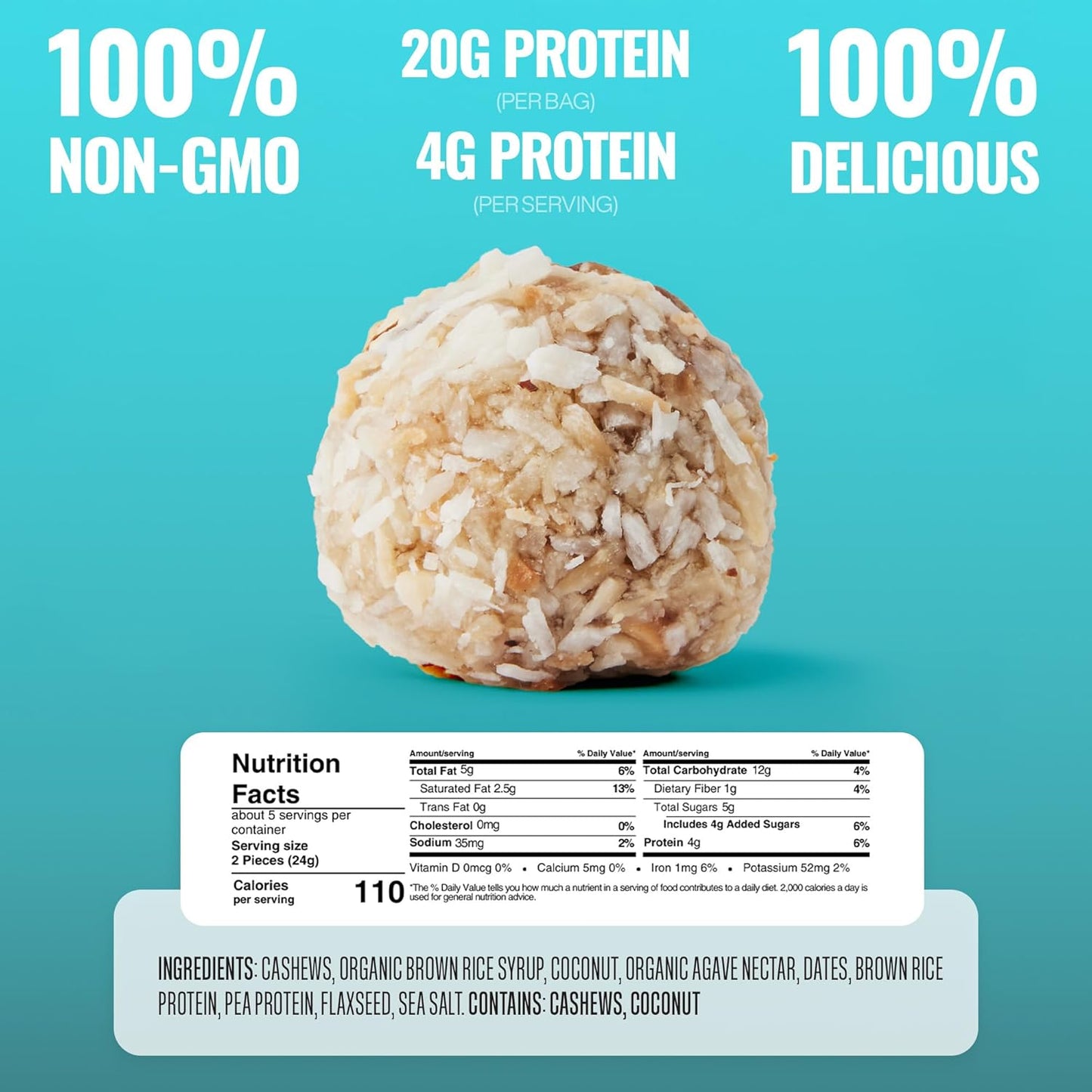 The GFB Coconut Cashew Protein Bites - Gluten Free, Plant Based, Non GMO, Sustainably Made – Ridiculously Tasty, Healthy, Vegan, Protein Energy Balls, 4 oz (6 Count)