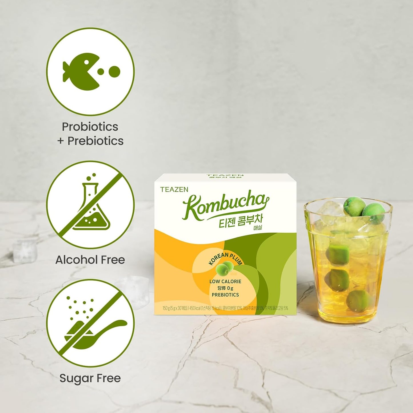 TEAZEN Japanese Apricot Kombucha Tea, Electrolyte & Hydration Drink Mix, Sugar Free, Live Probiotics & Prebiotics, 30 Sticks, 5.29oz