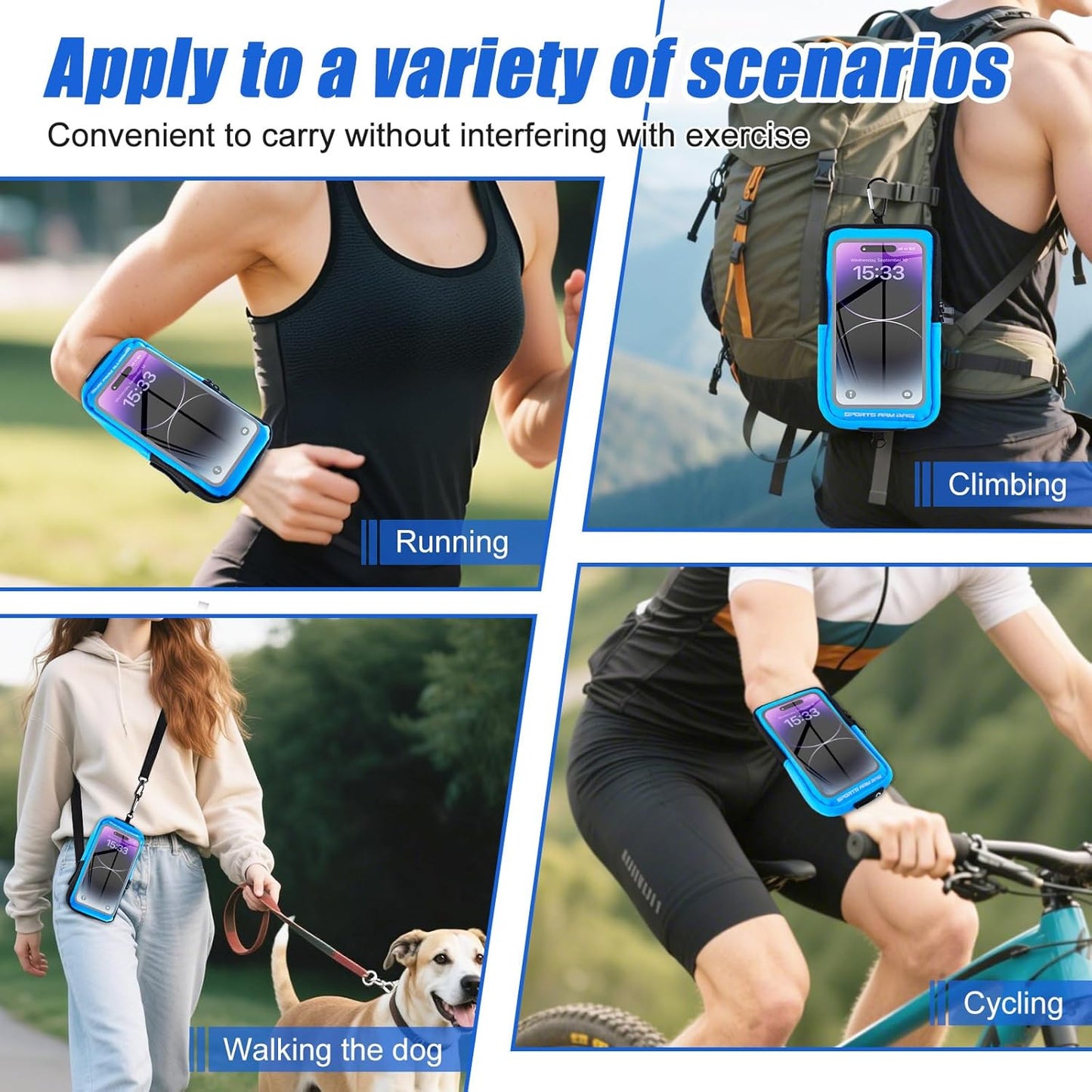 Phone Holder for Running, Running Armband Phone Holder with Carabiner, Phone Armbands for iPhone 16 15 14 13 12 11Pro Max & Galaxy S25/S24/S23, Cell Phone Armband Up to 6.8'' Phone (Blue)