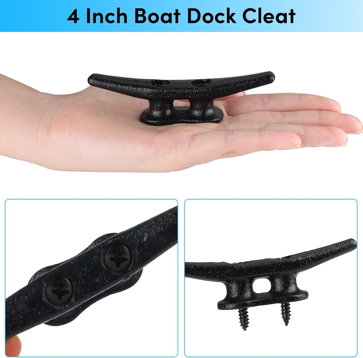 Boat Cleats 4Inch,Hot Dip Galvanized Cast Iron Dock Cleats,Electrophoretic Coated Black Dock Cleats,Rope Cleats Boat Dock Cleats for Marine Deck or Nautical Decor,Hardware Included (4/5/6/10/12Pack)