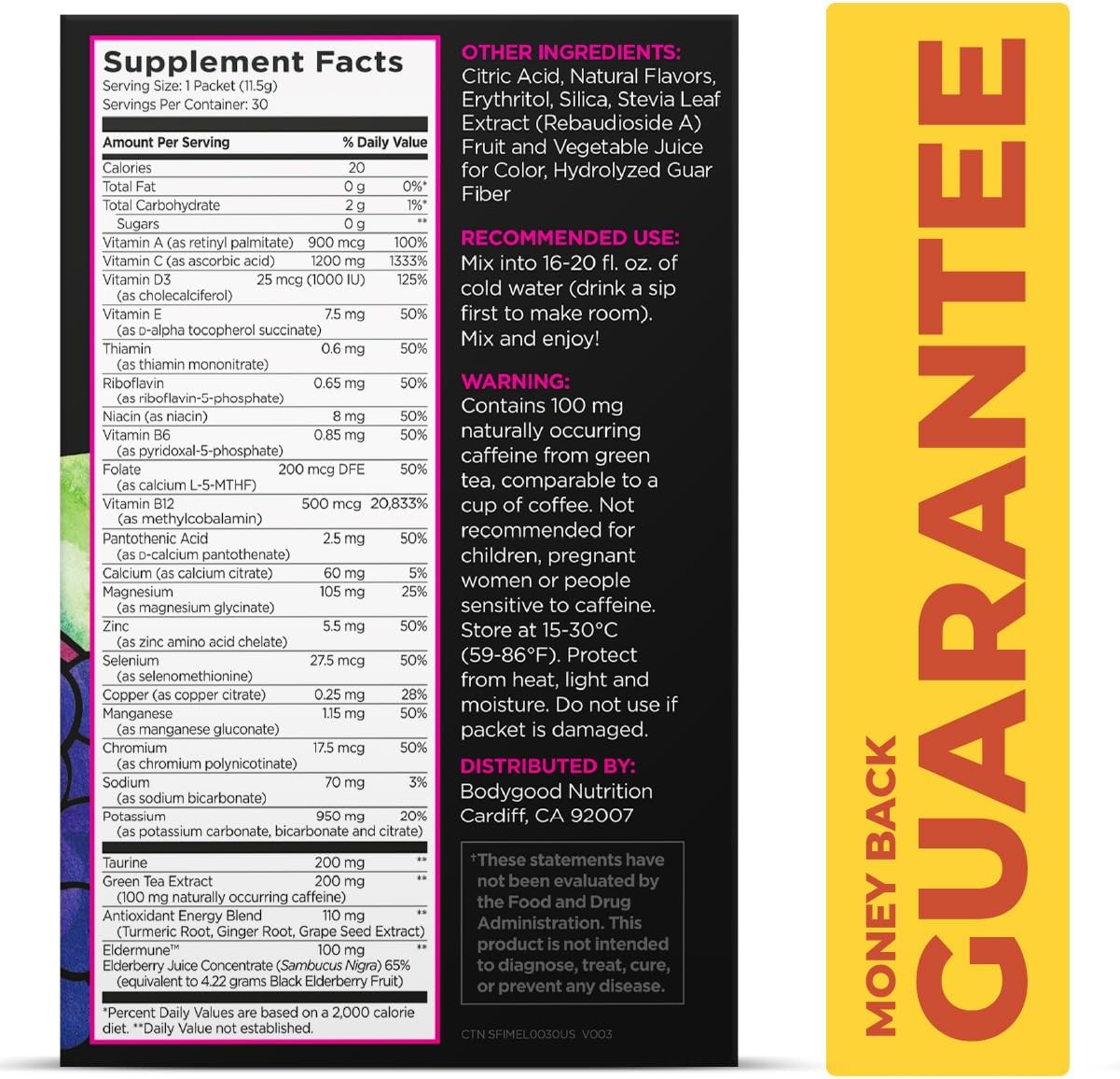 Pureboost Immune Clean Energy Booster, Refreshing Energy Drink Mix and Immunity Supplement with Elderberry, 1,200 mg Vitamin C, Vitamins A + D, and Zinc. (Elderberry Power, 30 Count)