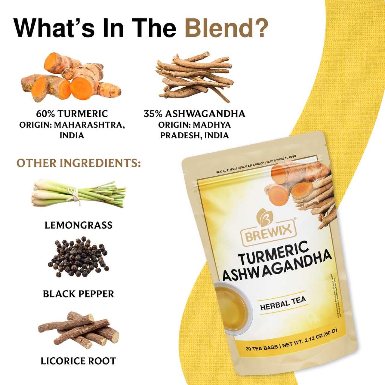 BREWIX, Turmeric Tea with Ashwagandha Root and Black Pepper (30 Plant Based Tea Bags) Caffeine-Free for Relaxation & Daily Stress Support | Herbal Tea For Health & Wellbeing | Supports Restful Sleep