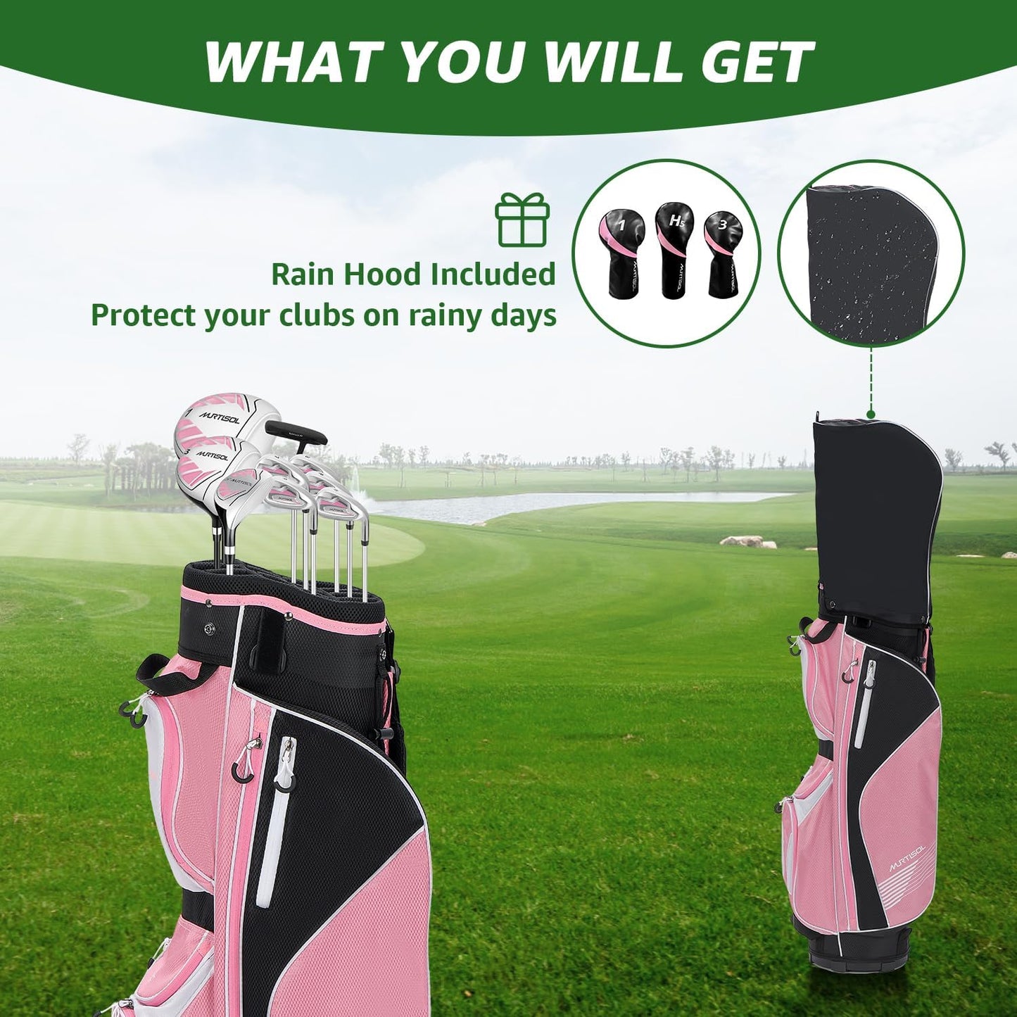 10 Pieces Complete Mens Womens Golf Clubs Set Right Hand for Men Women Includes Stand Bag with Rain Hood, 1#Driver 3#Wood #5 Hybrid,with 3 Head Covers, 6# 7# 8# 9# PW# Irons and Putter