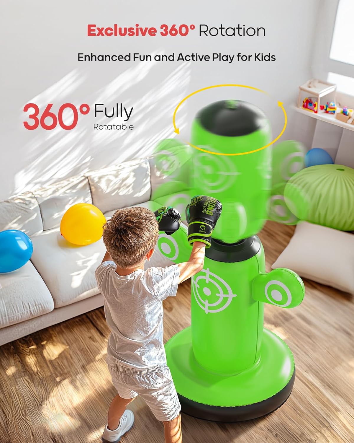 QPAU 360° Rotatable Punching Bag for Kids, Lager 64” Kids Punching Bag with Gloves, Hand Pump & 6 Targets, Bop Bag Inflatable Punching Toy, Karate Gifts for Boys, Girls