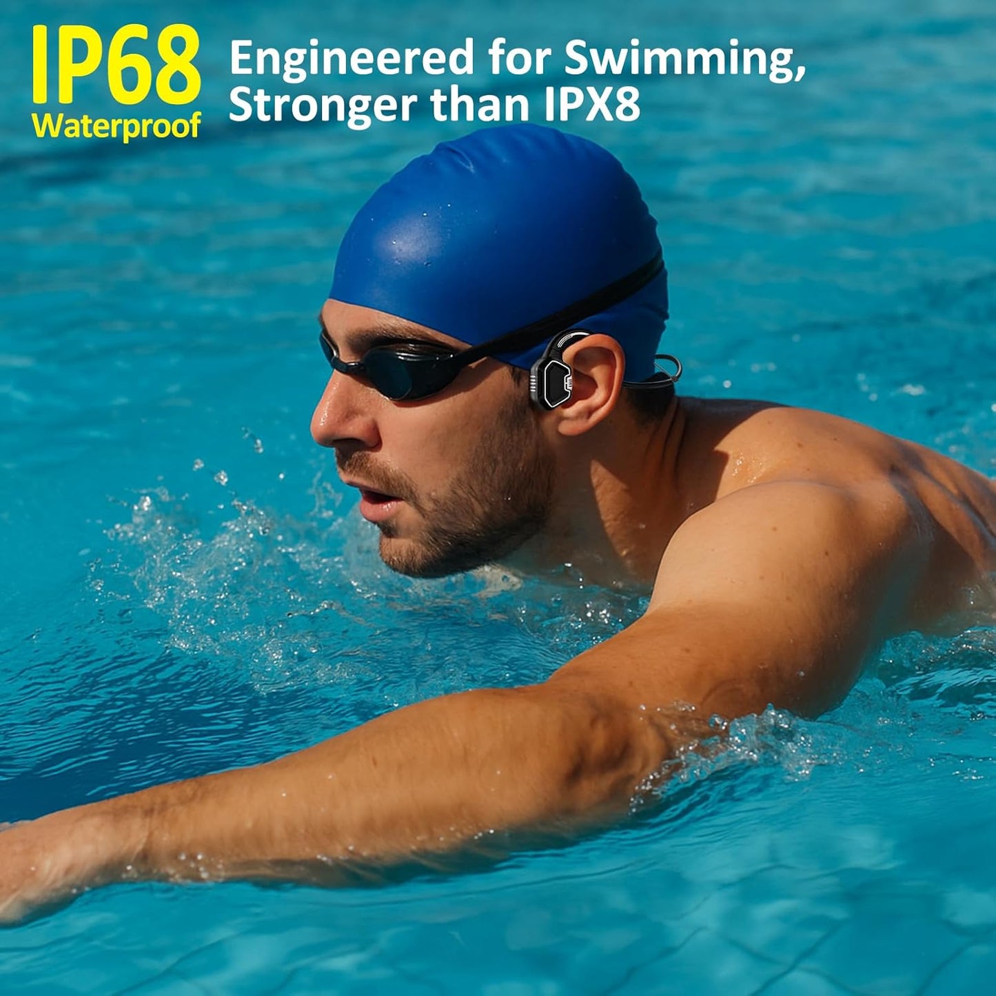 Bone Conduction Swimming Headphones – IP68 Waterproof Bluetooth 5.3 Open-Ear with 32GB MP3 Player, Swim Training Headset for Pool & Open Water, Blue