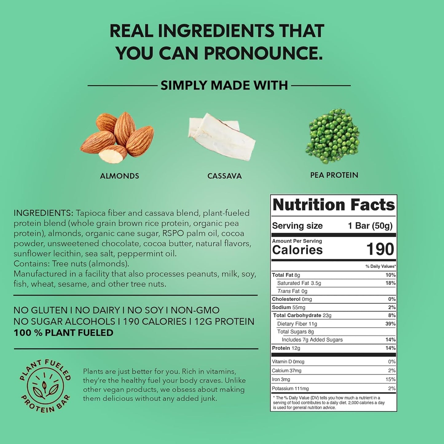 TRUBAR Vegan Protein Bar, It’s Mint to Be Chip, Gluten Free, Plant Based High Fiber, Dairy Free, Non GMO, Low Fat, No Sugar Alcohols, 12G Lean Protein, 13G Fiber, Healthy Snack Bars, 12 CT