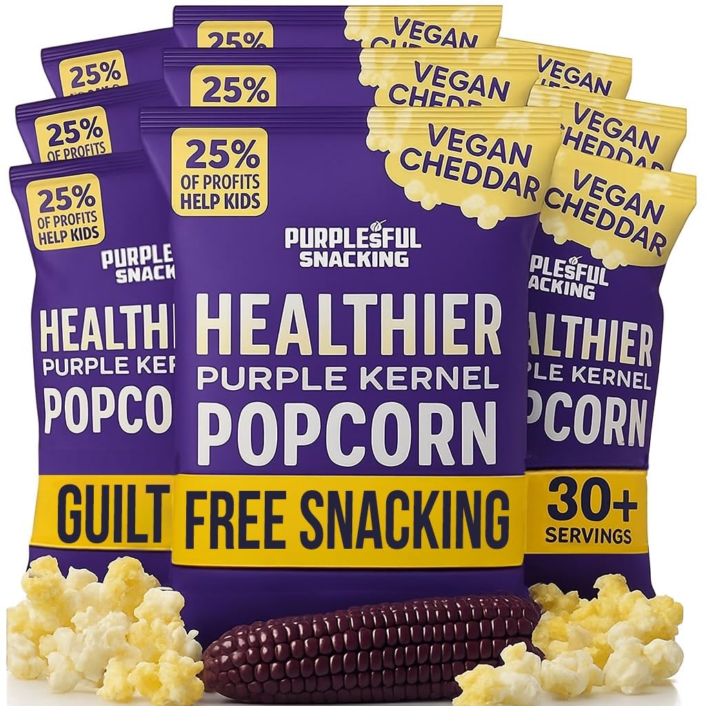Purplesful Purple Corn Popcorn, Silkier, Creamier & Healthy Popcorn, Vegan-Friendly, Non-GMO, Flavorful Popped Corn Gourmet Snack, Vegan Cheddar, Big Bulk Pack - 4.8 Oz Per Pack (Pack of 9)