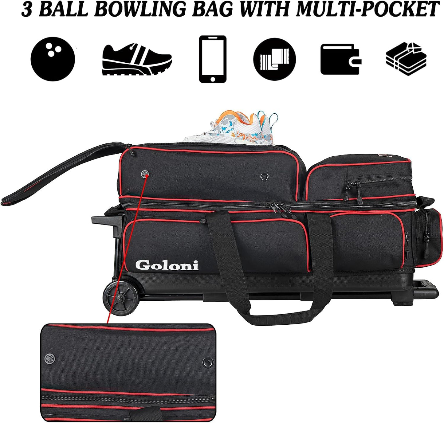 Goloni 3 Ball Bowling Bags with Wheels - Rolling Bowling Bag for 3 Balls & Accessories - Retractable Handle Extends to 38
