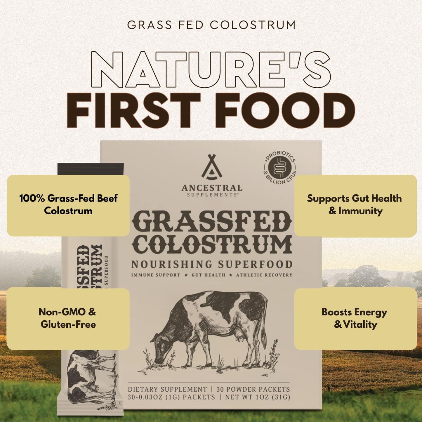 Ancestral Supplements Grass Fed Beef Bovine Colostrum Powder Packets, Immune Support Supplement, Gut, Skin & Hair Health Support Supplements, Promotes Growth and Repair, Non GMO, 30 Sticks, Unflavored