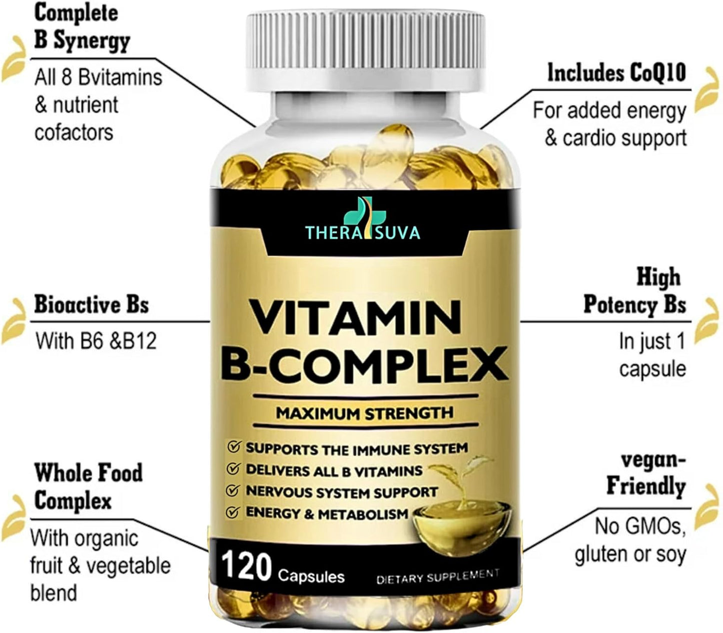 Vitamin B-Complex + CoQ10 + Vitamin C - Max Strength Supplement for Energy, Metabolism Support, 120 Softgels, 60 Day Supply