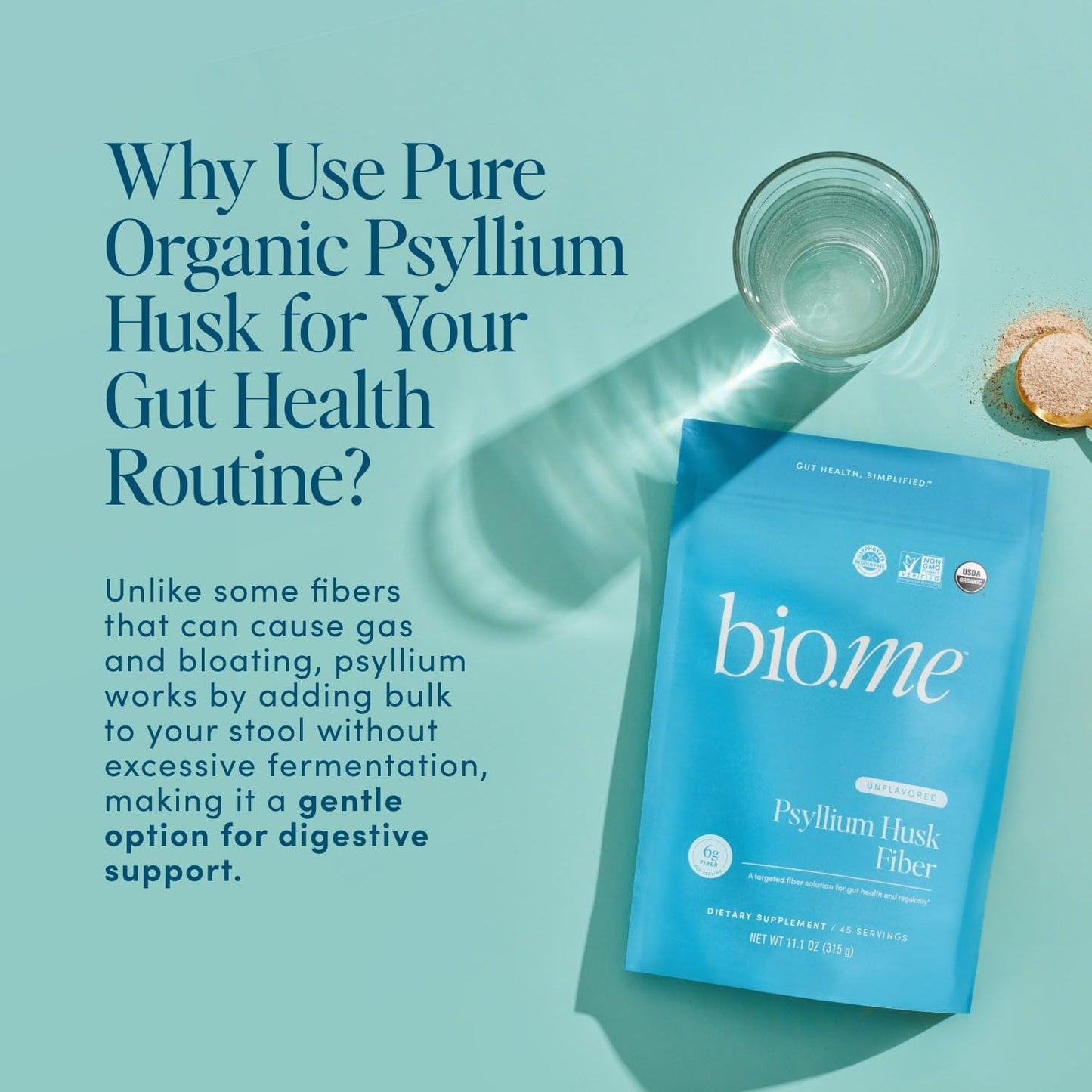 Psyllium Husk Fiber Unflavored (6g Per Serving) - Gluten-Free Fiber Supplement for Women & Men - Psyllium Husk Powder for Healthy Digestion, Bowel Regularity & Bloating Relief - 45 Servings