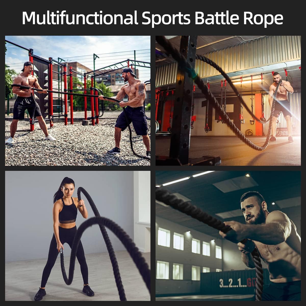 Outroad Battle Rope, 1.5" Diameter 30ft Poly Dacron Workout Exercise Training Heavy Rope, Workout Equipment for Crossfit Training Home Gym & Fitness Exercises, Black and Pattern