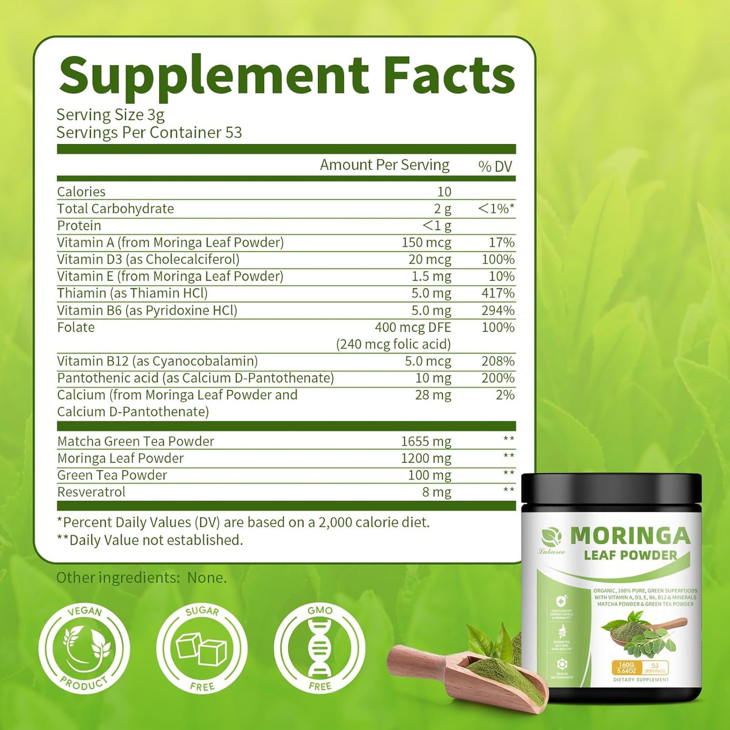 Organic Moringa Powder & Matcha Powder, Multi-Green Superfoods with Green Tea Resveratrol - Energy and Digestive Support, Rich in Antioxidants and Vitamin A D3 E B6 B12 Calcium, 5.64 oz 2 Pack