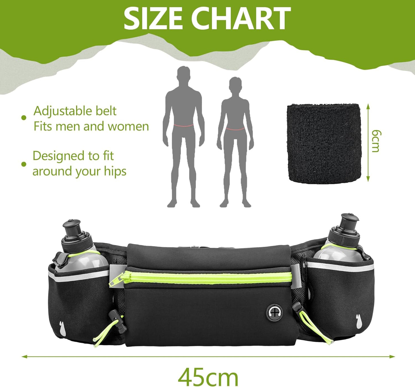 Hydration Running Belt for Women & Men with 2 Water Bottles – Water-Resistant Waist Pack & Phone Holder, No-Bounce Fit for Running, Hiking, Workouts – Bonus Sweatband, Fits All Phones
