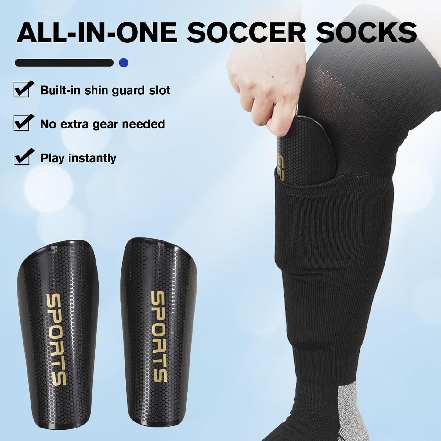 Youth Soccer Shin Guard Socks, Built-in Protective Pads, Kids Knee High Football Athletic Team Socks for Boys Girls