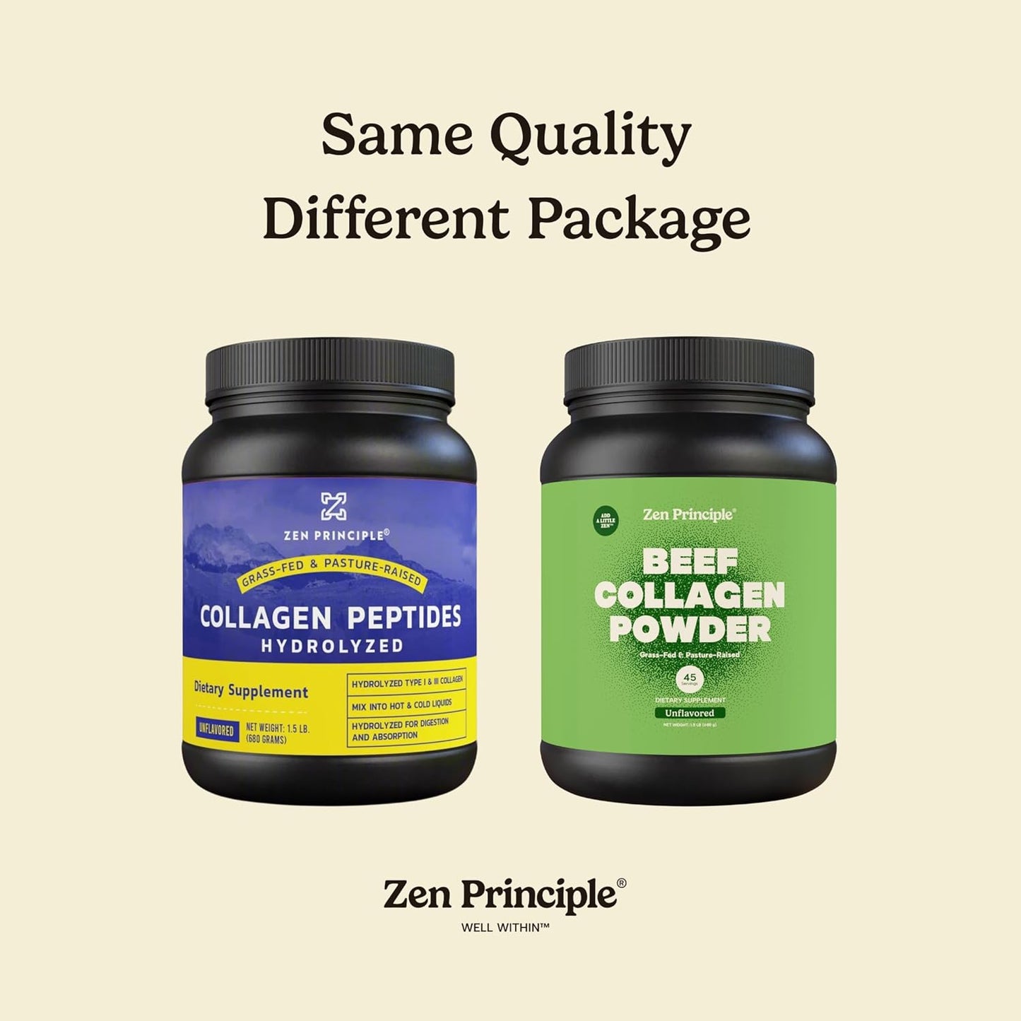 Zen Principle Grass-Fed Agglomerated Hydrolyzed Collagen Peptides 1.5 lb. Anti-Aging Protein Powder for Healthy Hair, Skin, Joints. Paleo Friendly, GMO and Gluten Free, Pasture-Raised Bovine.
