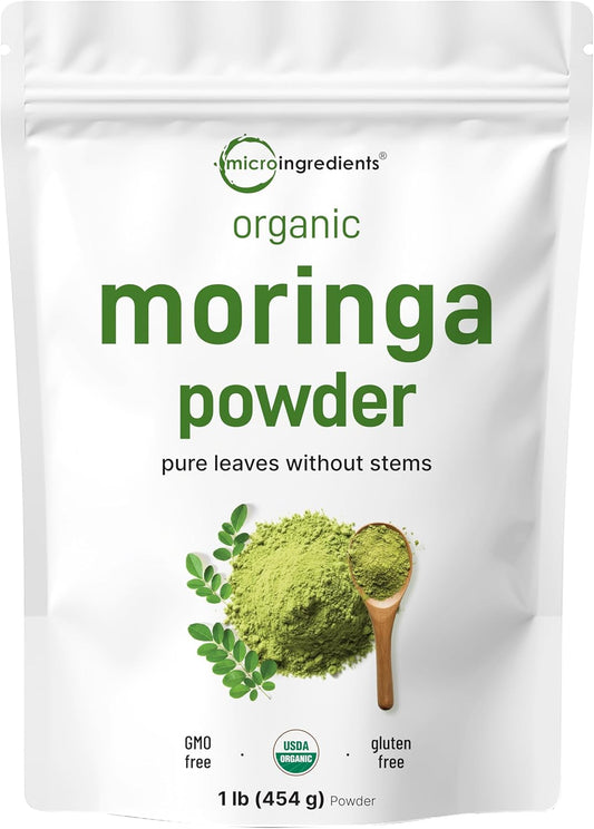 Organic Moringa Oleifera Leaf Powder, 1 Pound | Rich in Antioxidants & Immune Vitamins | Pure Leaves Without Stems | Great Superfoods for Tea or Drink | India Grown, Vegan