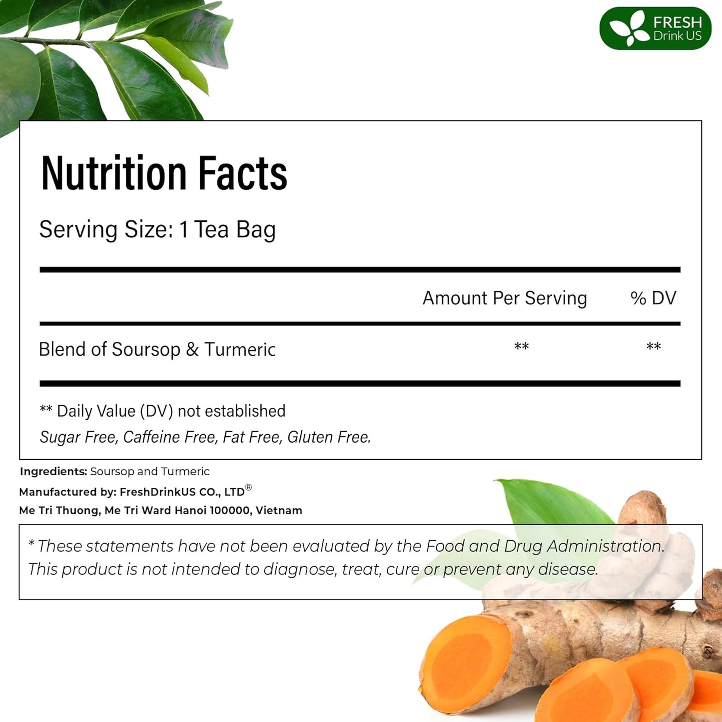 FreshDrinkUS, Premium 25 Tea Bags Soursop Turmeric, 100% Natural, Blend of Soursop Leaves, and Turmeric Root. Made with Natural Material Tea Bags. No Sugar, Vegan.