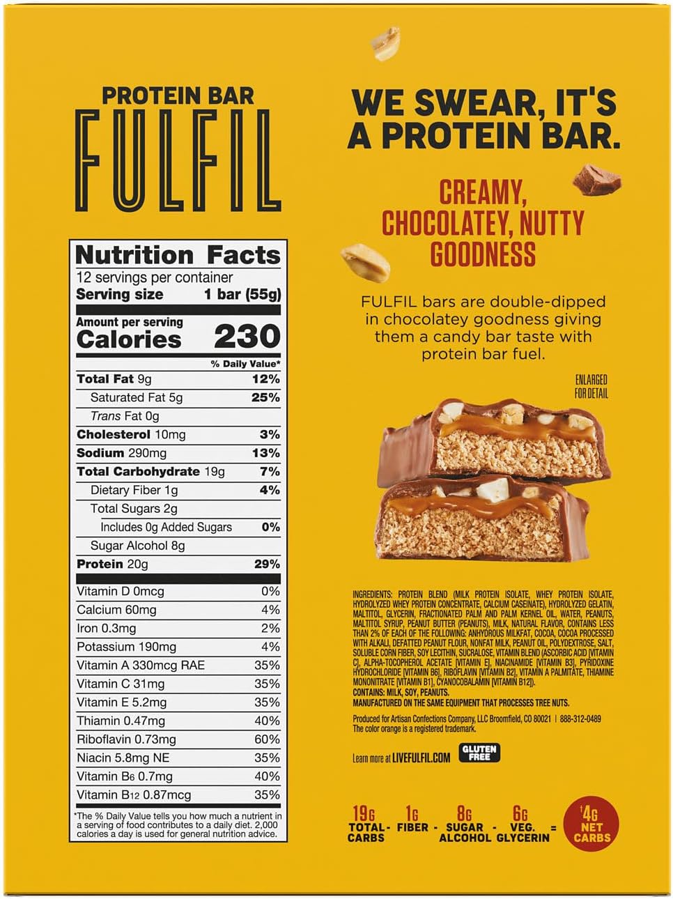 FULFIL Chocolate Peanut Butter Flavored Protein Bar Made with REESE's Peanut Butter, Gluten Free with 20g Protein, Pantry Staples, 12 Count