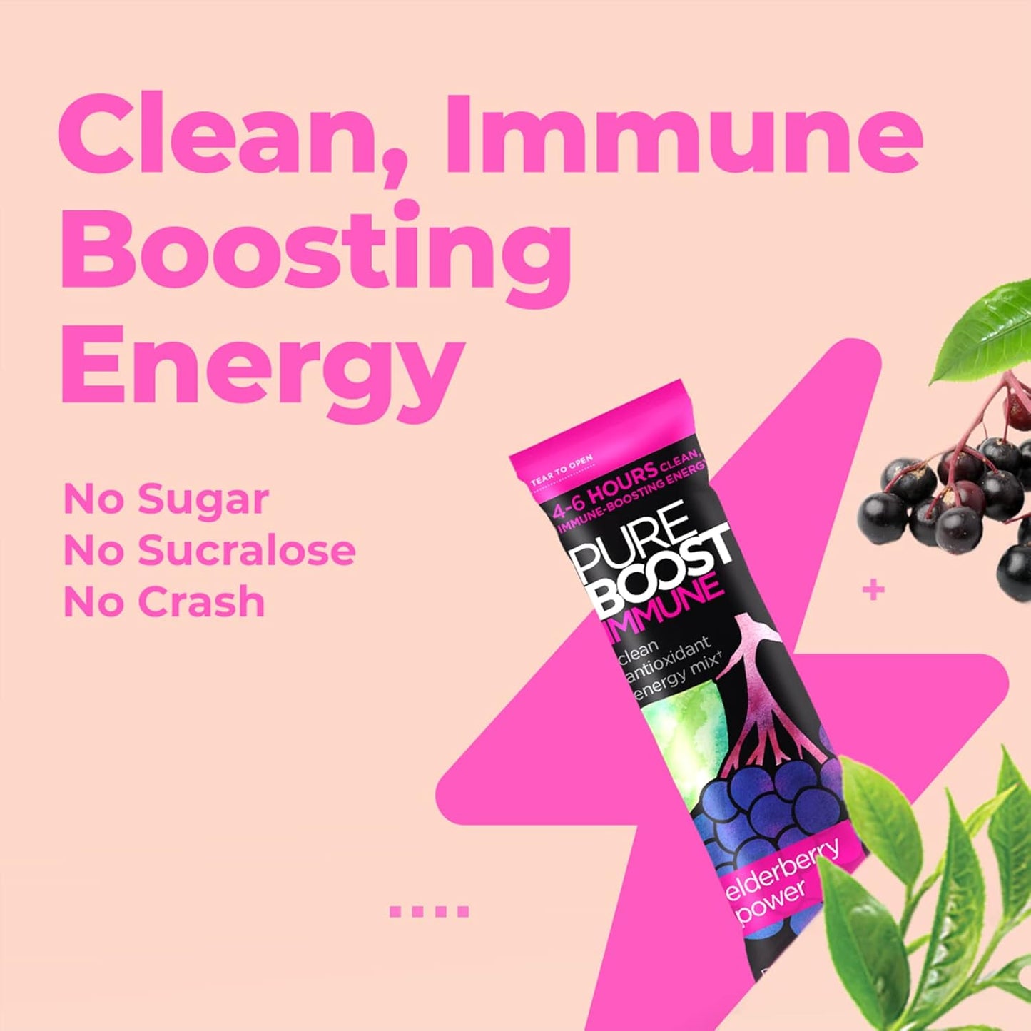 Pureboost Immune Clean Energy Booster, Refreshing Energy Drink Mix and Immunity Supplement with Elderberry, 1,200 mg Vitamin C, Vitamins A + D, and Zinc. (Elderberry Power, 30 Count)