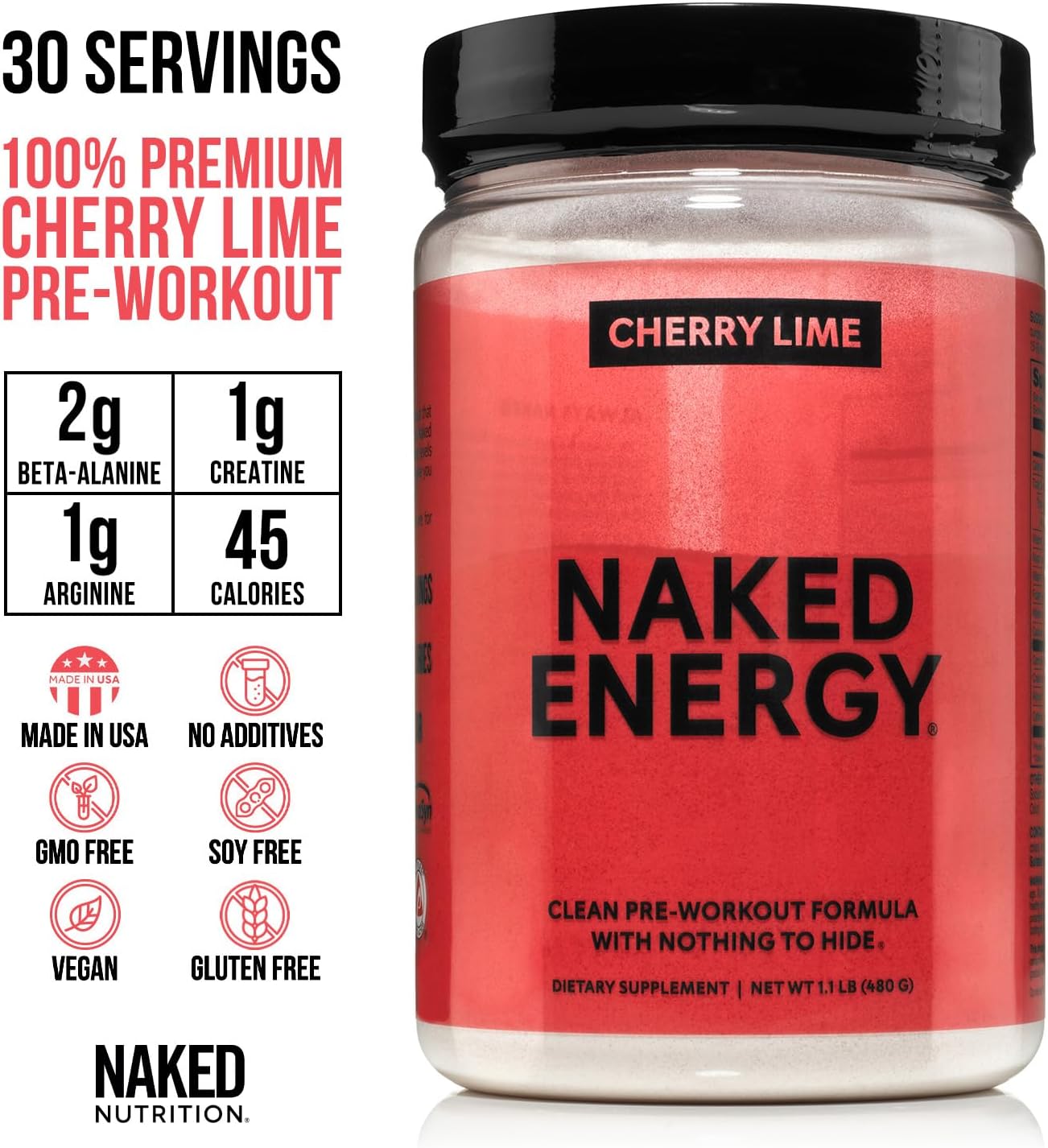 NAKED Cherry Lime Energy - Clean Pre Workout Supplement for Men and Women, Vegan Friendly, No Added Sweeteners, Colors Or Flavors - 30 Servings