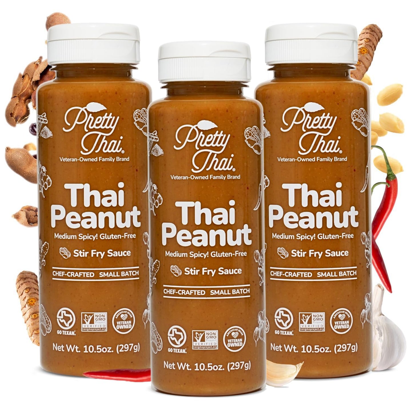 Pretty Thai Peanut Sauce, Gluten Free Certified Non-GMO Vegan Authentic Stir Fry, Dressing, Rice Seasoning, Condiment & Dipping Sauce, 100% Natural (Pack of 3)