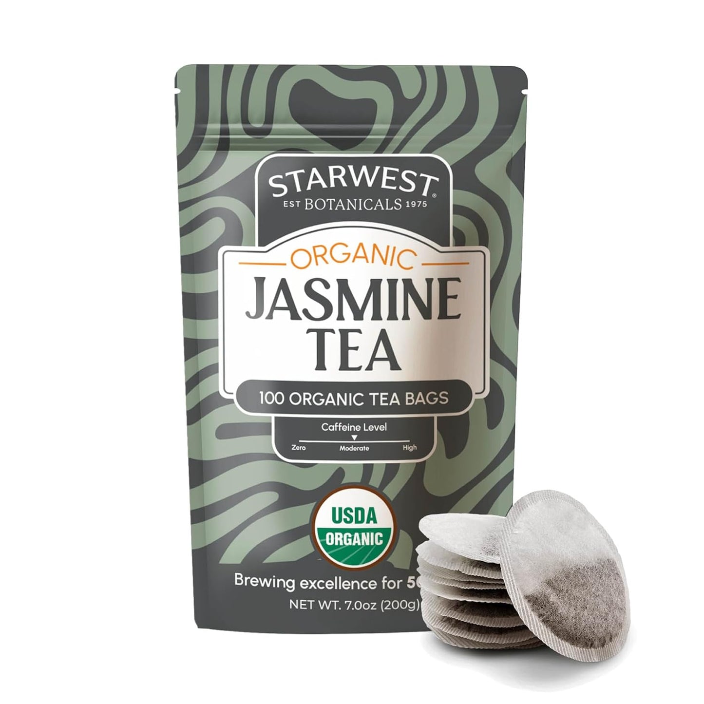 Starwest Botanicals Organic Jasmine Tea - Caffeinated Herbal Blend, Green Tea Scented with Natural Jasmine Flowers, Fragrant & Uplifting, Enjoy Hot or Iced, USDA Organic - Bulk Pack, 100 Tea Bags