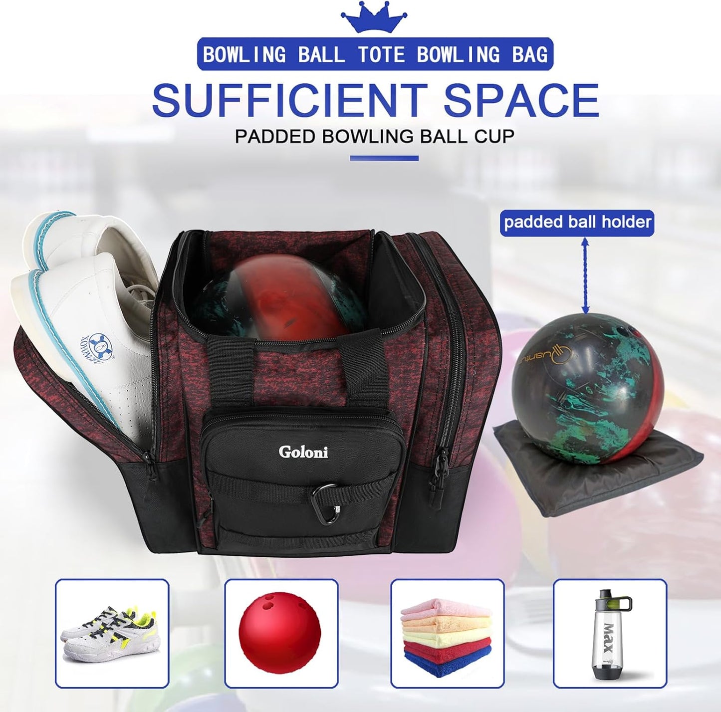 Goloni Bowling Ball Bag for Singer Ball with Padded Ball Holder, 2 Pockets fit Bowling Shoes Up to Mens Size 14 and Accessories
