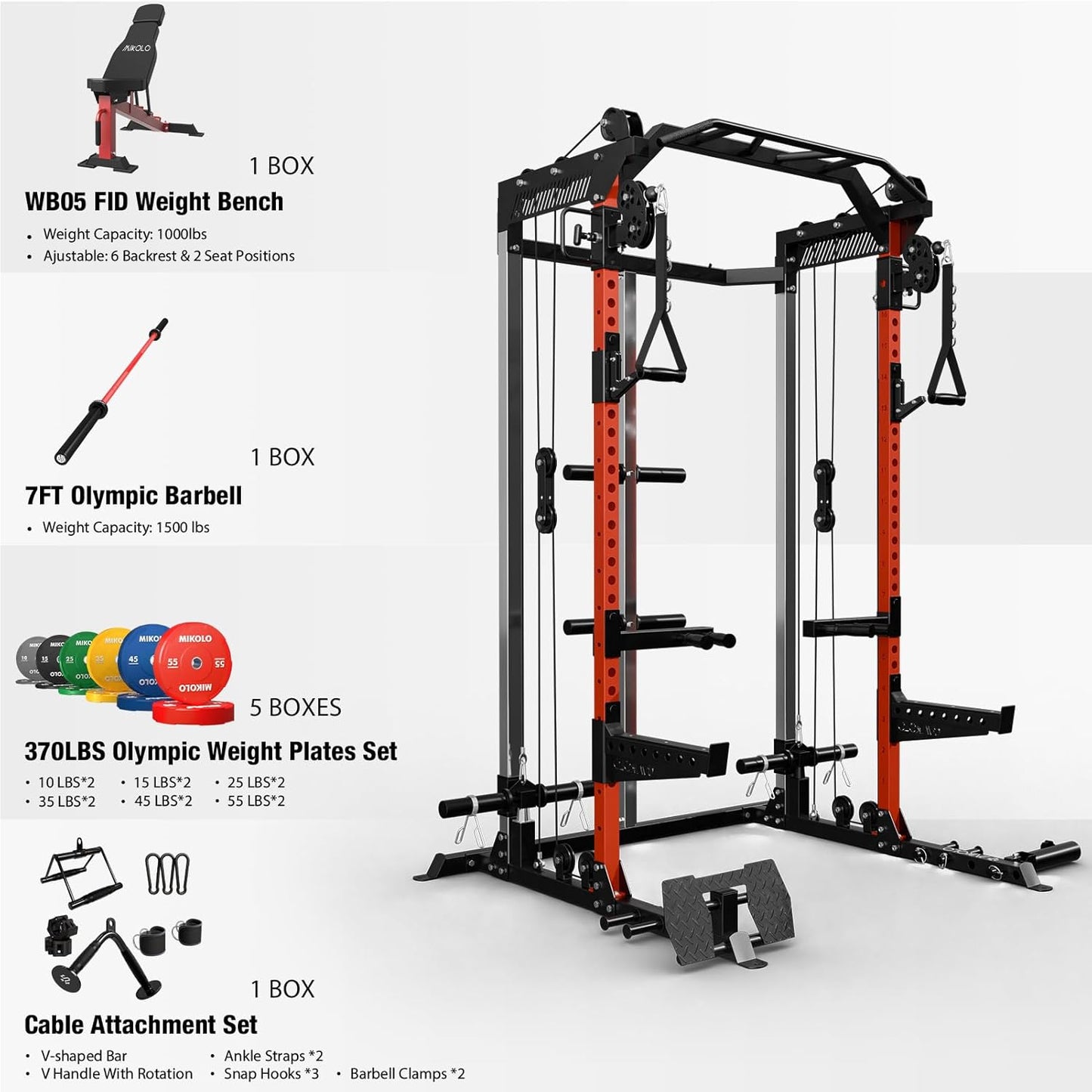 Mikolo Power Cage, 2000LB Power Rack with Independent Dual Pulley System, Multi-Function Home Gym Workout Machine for Cable Crossover