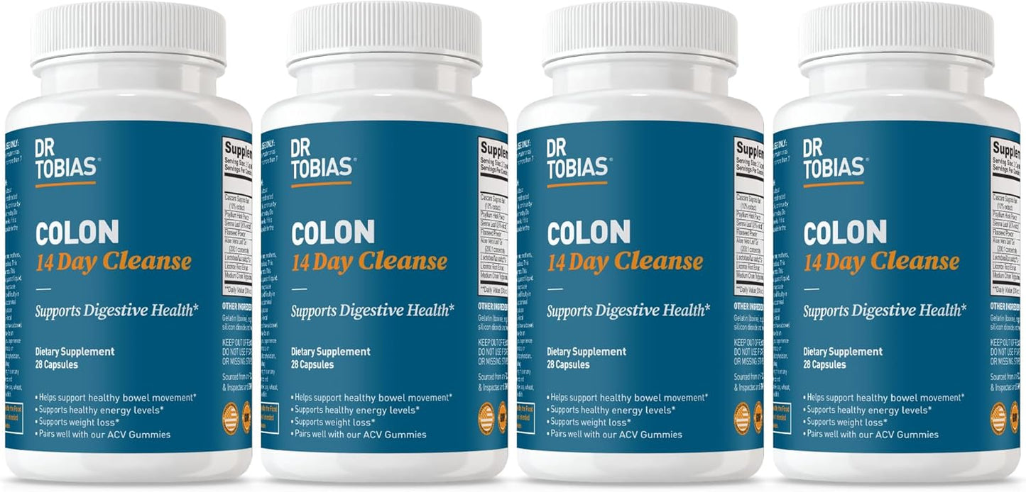 Dr. Tobias Colon 14 Day Cleanse, Advanced Gut Cleanse Detox for Women & Men with Cascara Sagrada, Psyllium Husk, Senna Leaf & Probiotics, Non-GMO Colon Cleanse, 4 Bottles of 28 Capsules (1-2 Daily)