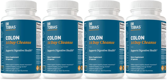 Dr. Tobias Colon 14 Day Cleanse, Advanced Gut Cleanse Detox for Women & Men with Cascara Sagrada, Psyllium Husk, Senna Leaf & Probiotics, Non-GMO Colon Cleanse, 4 Bottles of 28 Capsules (1-2 Daily)