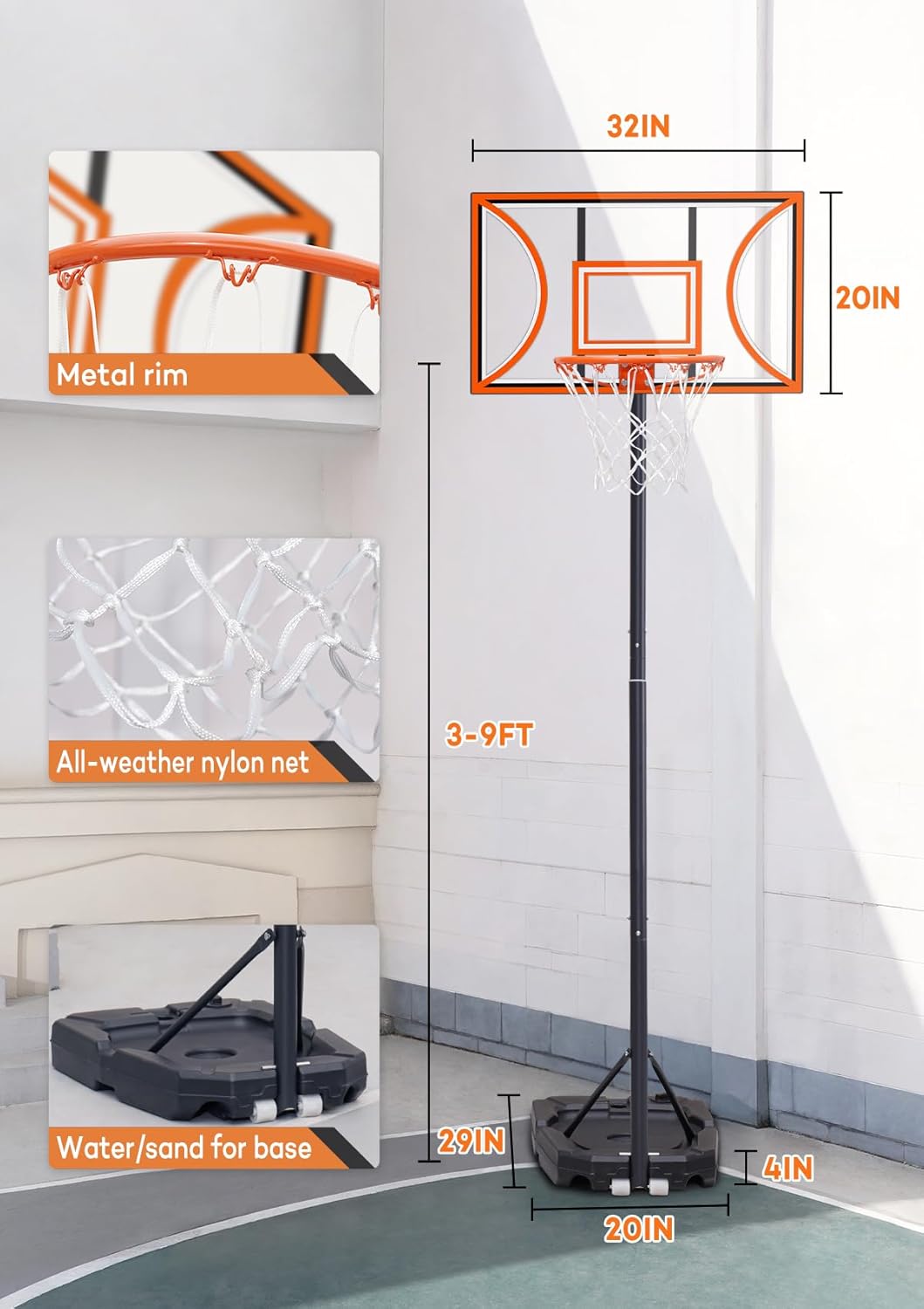 Aimking Basketball Hoop Outdoor 3.3-10FT 5s-Rapid-Adjustable, 40/44 inch Shatterproof Backboard & Enlarged Base, Portable Basketball Hoop & Goal for Kids/Adults/Families in Poolside/Backyard/Indoor