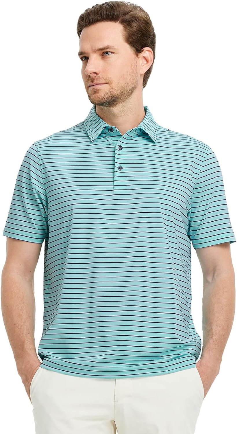M MAELREG Golf Shirts for Men Moisture Wicking Striped Polo Performance Dry Fit Business Sports Mens Polo Shirts Short Sleeve