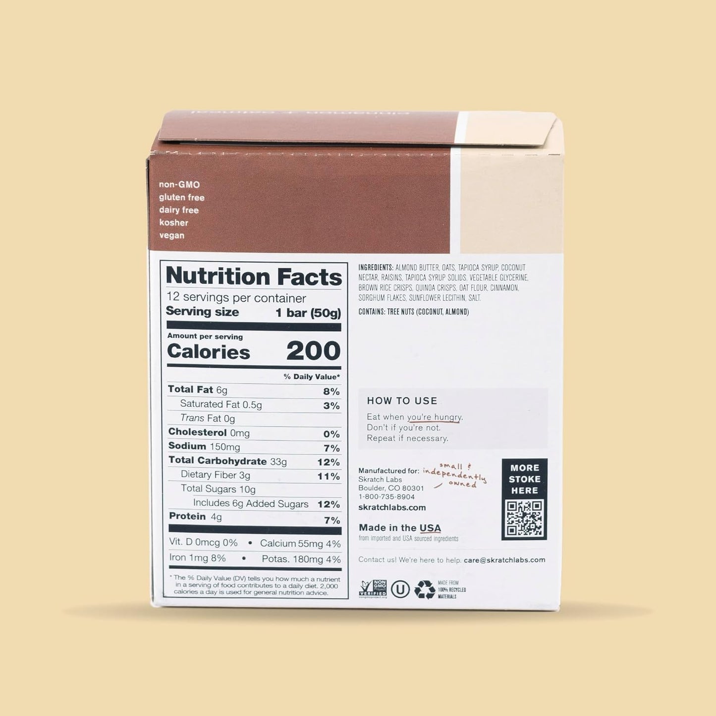 Skratch Labs Energy Bar | Cinnamon + Oatmeal (12 Pack) | Plant Based Healthy Snack | Low Sugar - 5g Protein | Non-GMO, Gluten Free, Soy Free, Vegan, Kosher