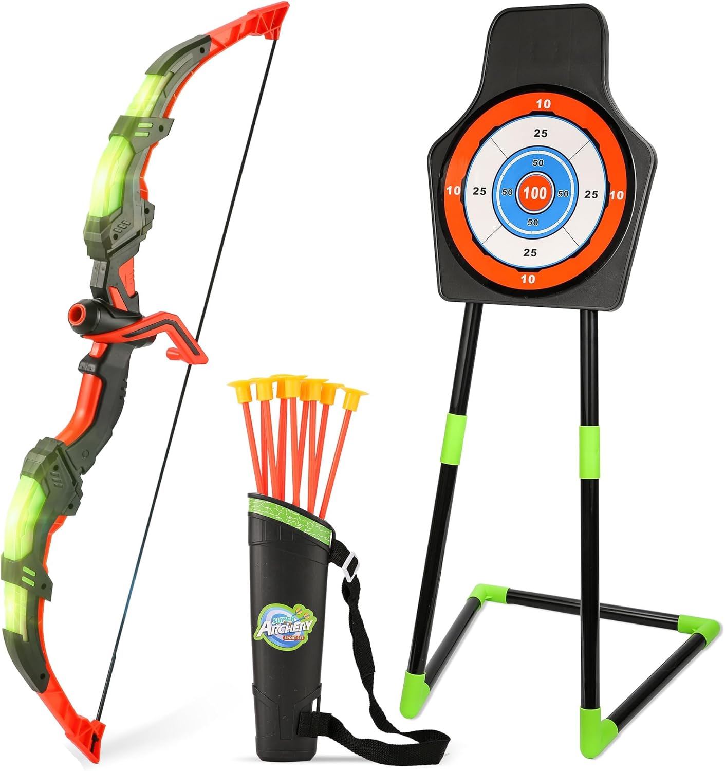 Archery Toy Set for Kids, LED Light Up Bow and Arrow Set with 10 Suction Cup Arrows, Standing Target & Quiver, Indoor Outdoor Games Stuff for Boys Girls Children Aged 3-12 Year Old