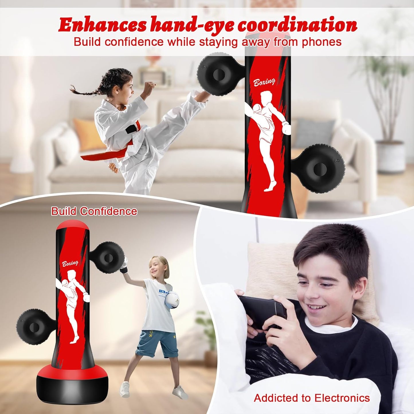 Punching Bag for Kids Teens Boys Girls, 69" Kids Punching Bag with Focus Pads & Gloves, Boxing Bag, Inflatable for Boys Girls Age 3-6-9-12-18 Christmas Birthday Toys