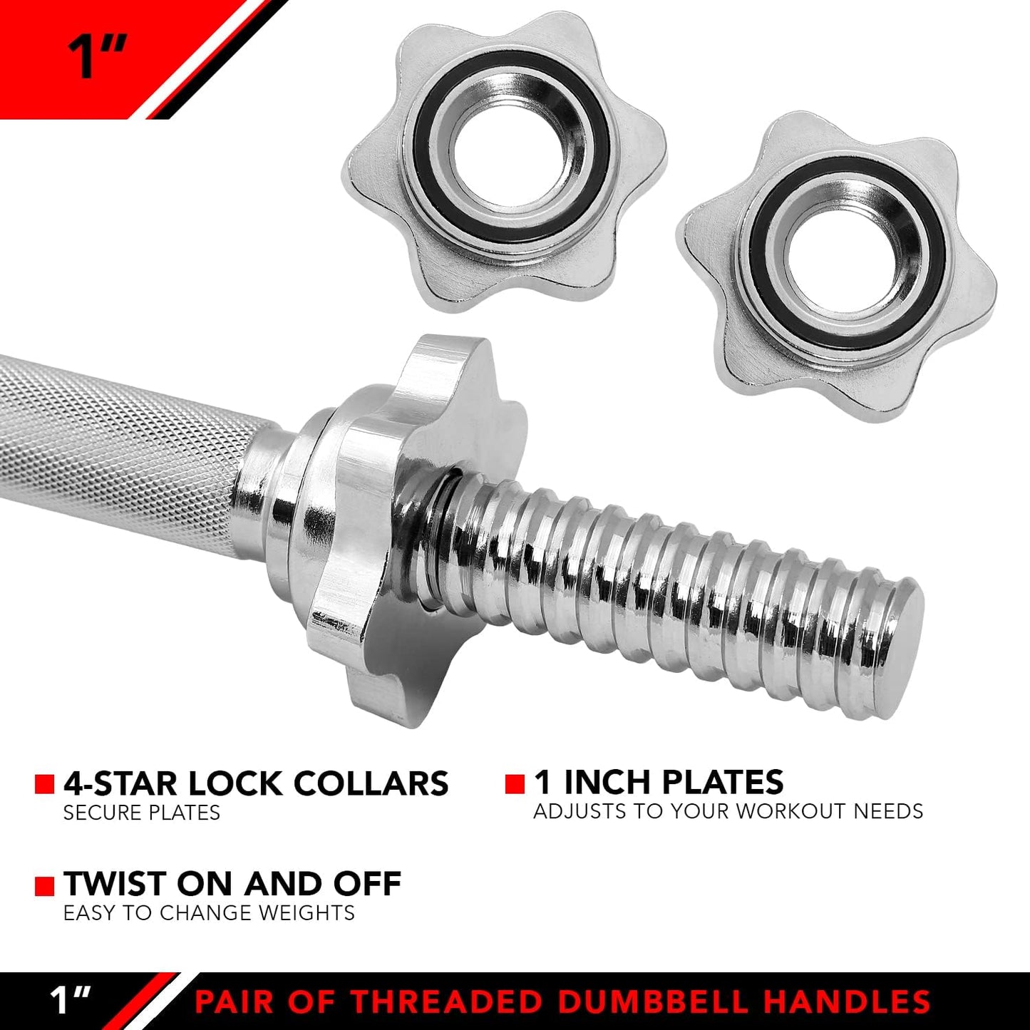 JFIT Threaded Dumbbell Handles, Set of 2, with Star Collars, Fits 1” Standard Plates