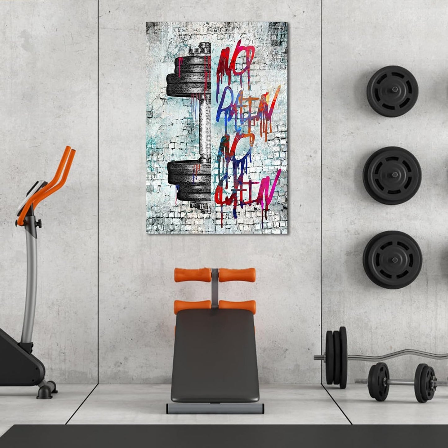 iHAPPYWALL Vintage Inspirational Fitness Quotes Wall Art No Pain No Gain Dumbbells Gym Sport Picture for Home Bodybuilding Room Bedroom Decor Ready to Hang 24x36inch (Grey)